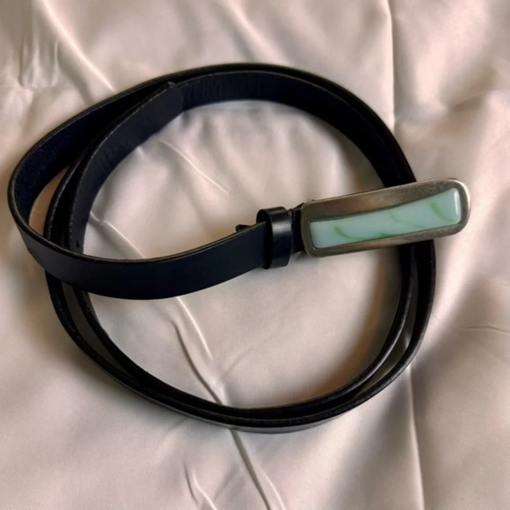 Black Leather Belt with Green/Blue Accent Buckle
